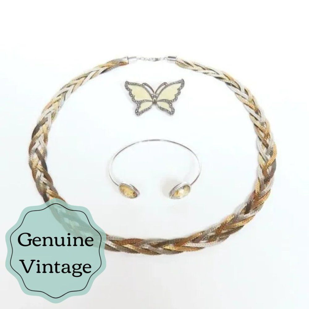 Vintage Jewelry Set -Necklace Bracelet Brooch - Enamel Butterfly - 3 Pcs - Gift 